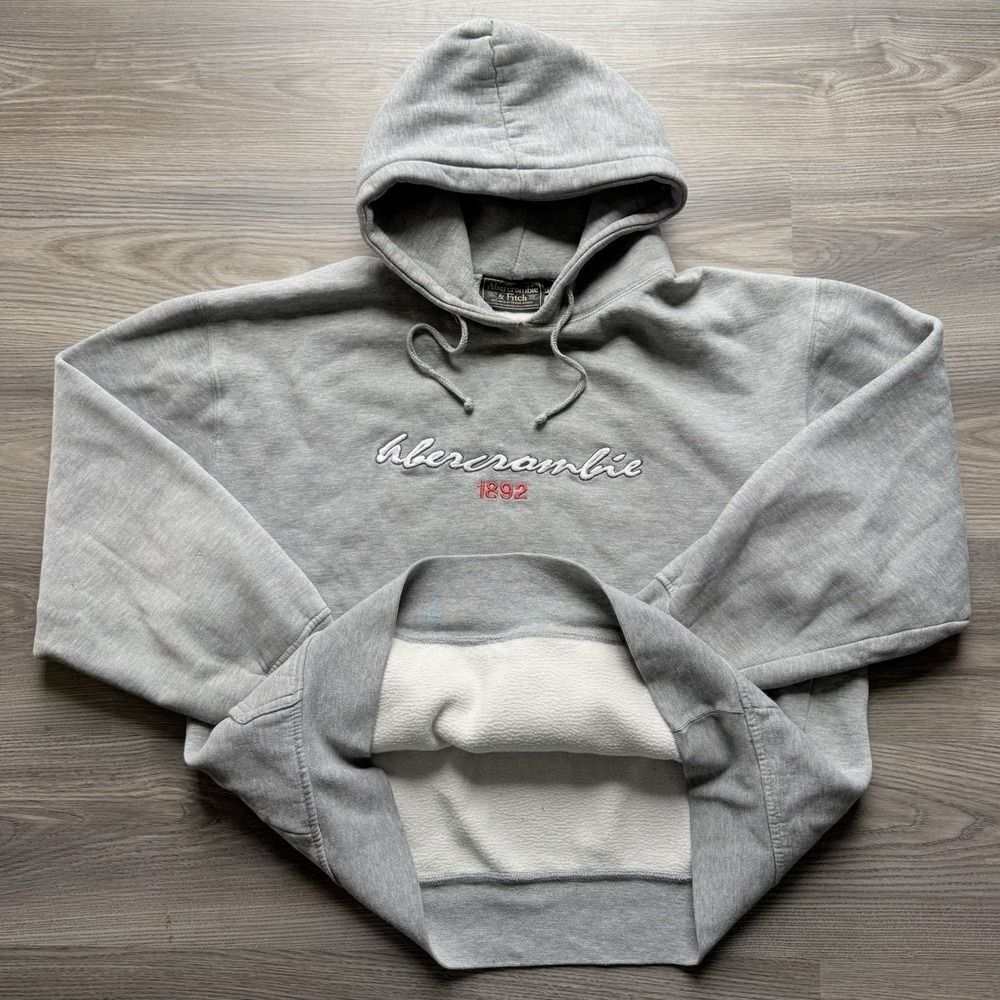 VTG Y2K Abercrombie & Fitch Men's Hoodie Embroidered Logo Grey Size L Boxy